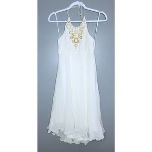 Milly Cream Gold Self-Tie Halter Neck Sleeveless 100% Silk Dress Sz 4